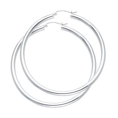 14K White Gold 3mm Large High Polished And Satin Latch And Hinge-Notch Post Backing Hoop Earrings