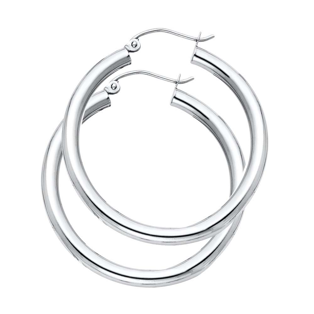 14K White Gold 3mm Medium High Polished And Satin Latch And Hinge-Notch Post Backing Thick Plain Hoop Earrings