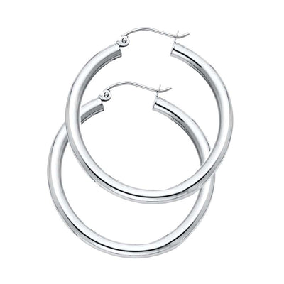 14K White Gold 3mm Medium High Polished And Satin Latch And Hinge-Notch Post Backing Thick Plain Hoop Earrings