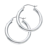 14K White Gold 3mm Medium High Polished And Satin Latch And Hinge-Notch Post Backing Thick Plain Hoop Earrings