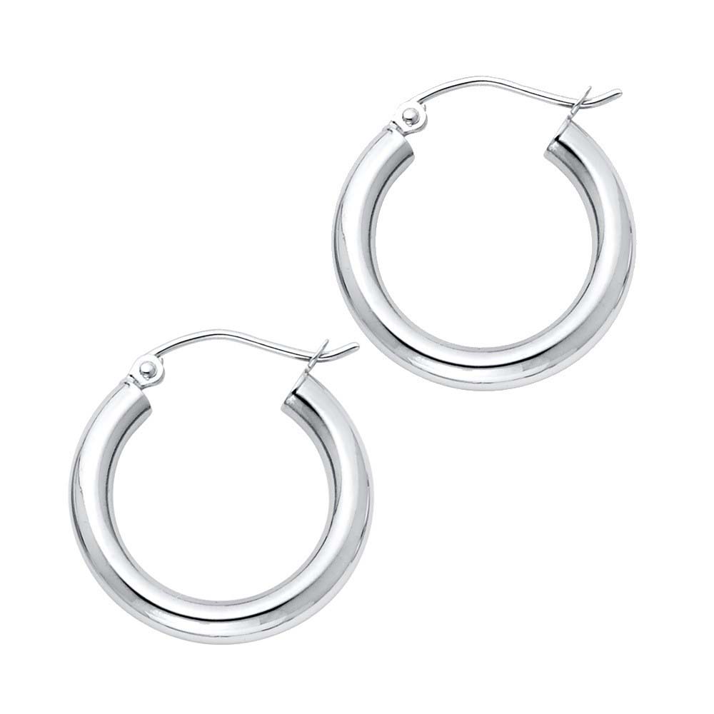 14K White Gold 3mm Small High Polished And Satin Latch And Hinge-Notch Post Backing Thick Plain Hoop Earrings