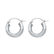Load image into Gallery viewer, 14K White Gold 3mm Petite High Polished And Satin Diamond Cut Latch And Hinge-Notch Post Backing Hoop Earrings