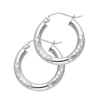 Load image into Gallery viewer, 14K White Gold 3mm Small High Polished And Satin Diamond Cut Latch And Hinge-Notch Post Backing Hoop Earrings