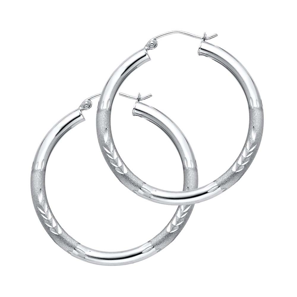 14K White Gold 3mm Medium High Polished And Satin Diamond Cut Latch And Hinge-Notch Post Backing Hoop Earrings