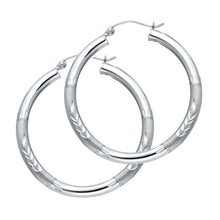 Load image into Gallery viewer, 14K White Gold 3mm Medium High Polished And Satin Diamond Cut Latch And Hinge-Notch Post Backing Hoop Earrings