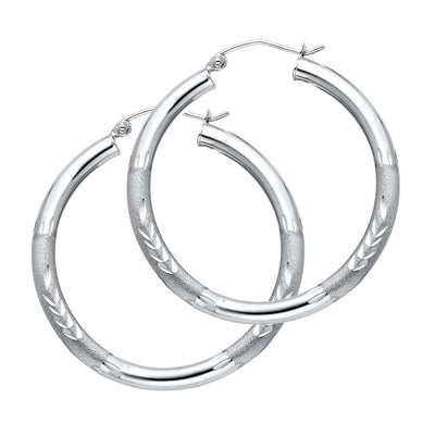 14K White Gold 3mm Medium High Polished And Satin Diamond Cut Latch And Hinge-Notch Post Backing Hoop Earrings