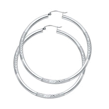 Load image into Gallery viewer, 14K White Gold 3mm Large High Polished And Satin Diamond Cut Latch And Hinge-Notch Post Backing Hoop Earrings