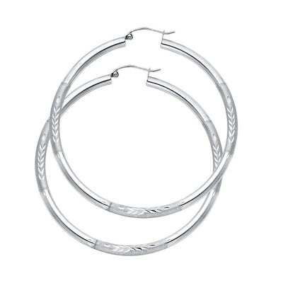 14K White Gold 3mm Large High Polished And Satin Diamond Cut Latch And Hinge-Notch Post Backing Hoop Earrings