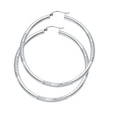14K White Gold 3mm Large High Polished And Satin Diamond Cut Latch And Hinge-Notch Post Backing Hoop Earrings