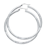 14K White Gold 3mm Large High Polished And Satin Diamond Cut Latch And Hinge-Notch Post Backing Hoop Earrings
