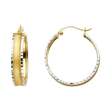Load image into Gallery viewer, 14K Two Tone Gold Small Faceted And Satin Latch And Hinge-Notch Post Backing Hoop Earrings