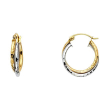 Load image into Gallery viewer, 14K Two Tone Gold Petite Hammered Double Polised 3 Line Braided Latch And Hinge-Notch Post Backing Hoop Earrings