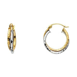 14K Two Tone Gold Petite Hammered Double Polised 3 Line Braided Latch And Hinge-Notch Post Backing Hoop Earrings