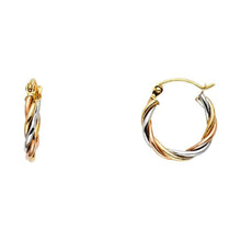 Load image into Gallery viewer, 14K Tri Color Petite Twisted Polised 3 Line Braided Latch And Hinge-Notch Post Backing Hoop Earrings