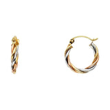 14K Tri Color Petite Twisted Polised 3 Line Braided Latch And Hinge-Notch Post Backing Hoop Earrings