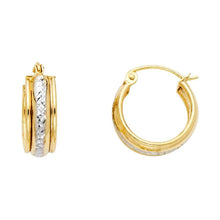 Load image into Gallery viewer, 14k Two Tone Gold Polished Ribbed Petite White Faceted Hoop Earrings