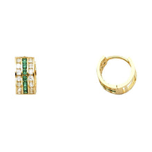 Load image into Gallery viewer, 14K Yellow Gold 5mm Green And Clear CZ Huggies Earrings