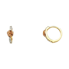 Load image into Gallery viewer, 14K Two Tone Rose Design Cubic Zirconia Huggie Hoop Earrings  CZ Huggies Earrings