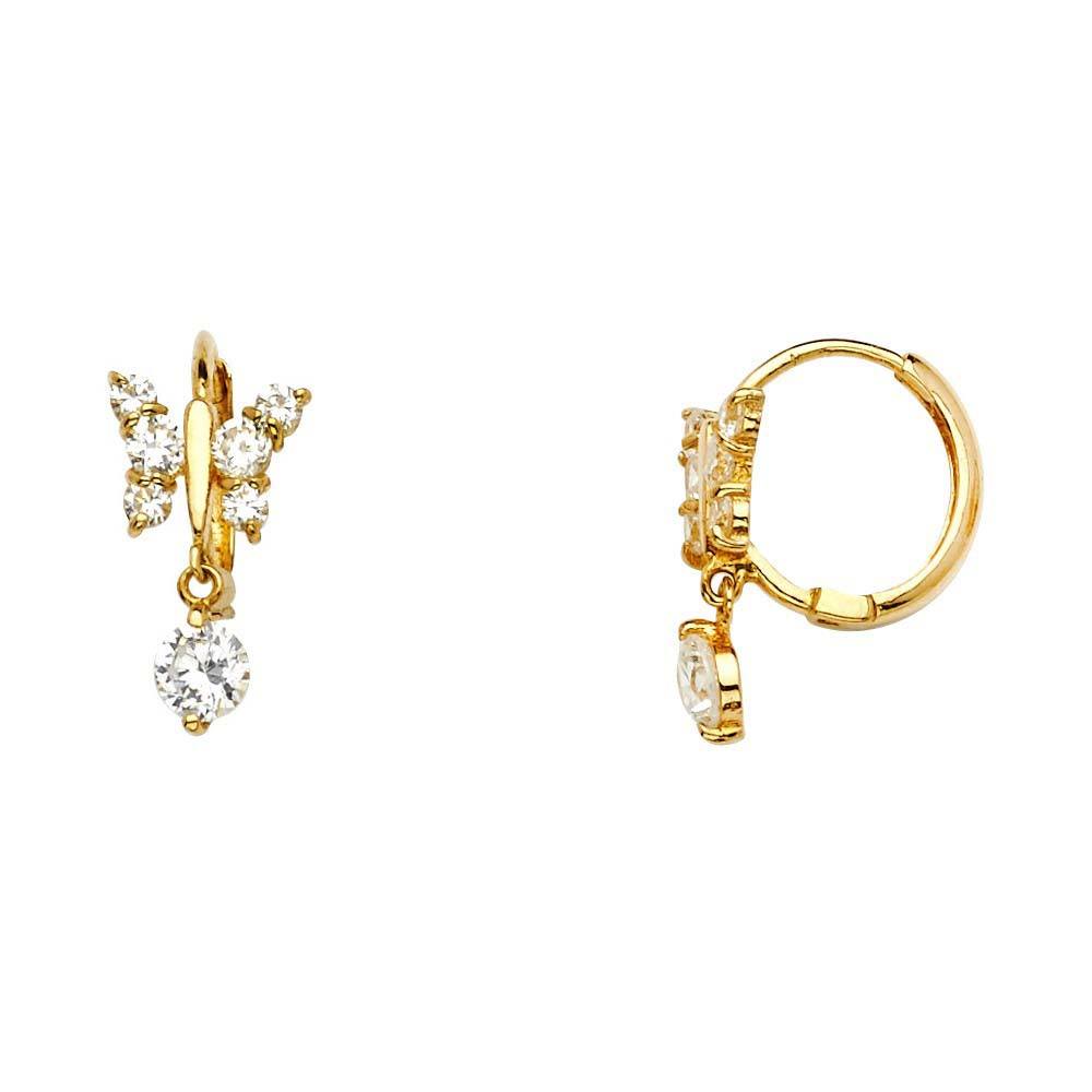 14K Yellow Gold Butterfly Cubic Zirconia Dangle Huggie Hoop Earrings