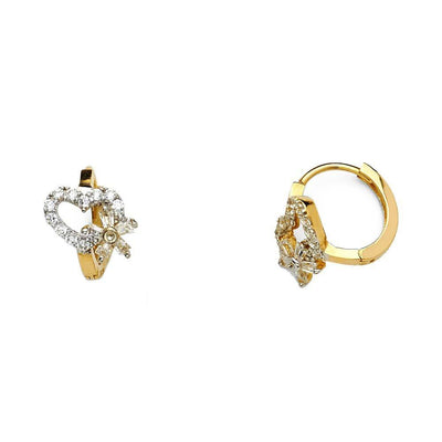 14K Yellow Gold Heart & Bow CZ Huggie Hoop Earrings