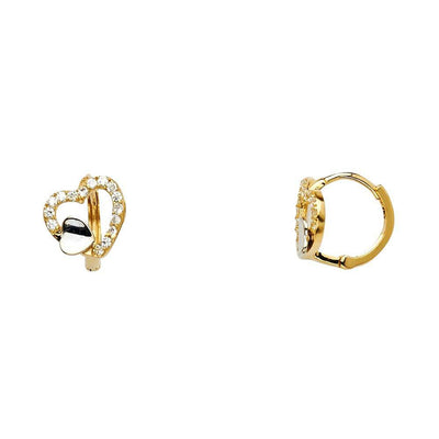 14K Two Tone Open Heart Design CZ Huggie Hoop Earrings