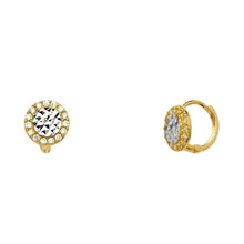 Load image into Gallery viewer, 14K Two Tone Gold Halo Faceted CZ Huggie Hoop Earrings