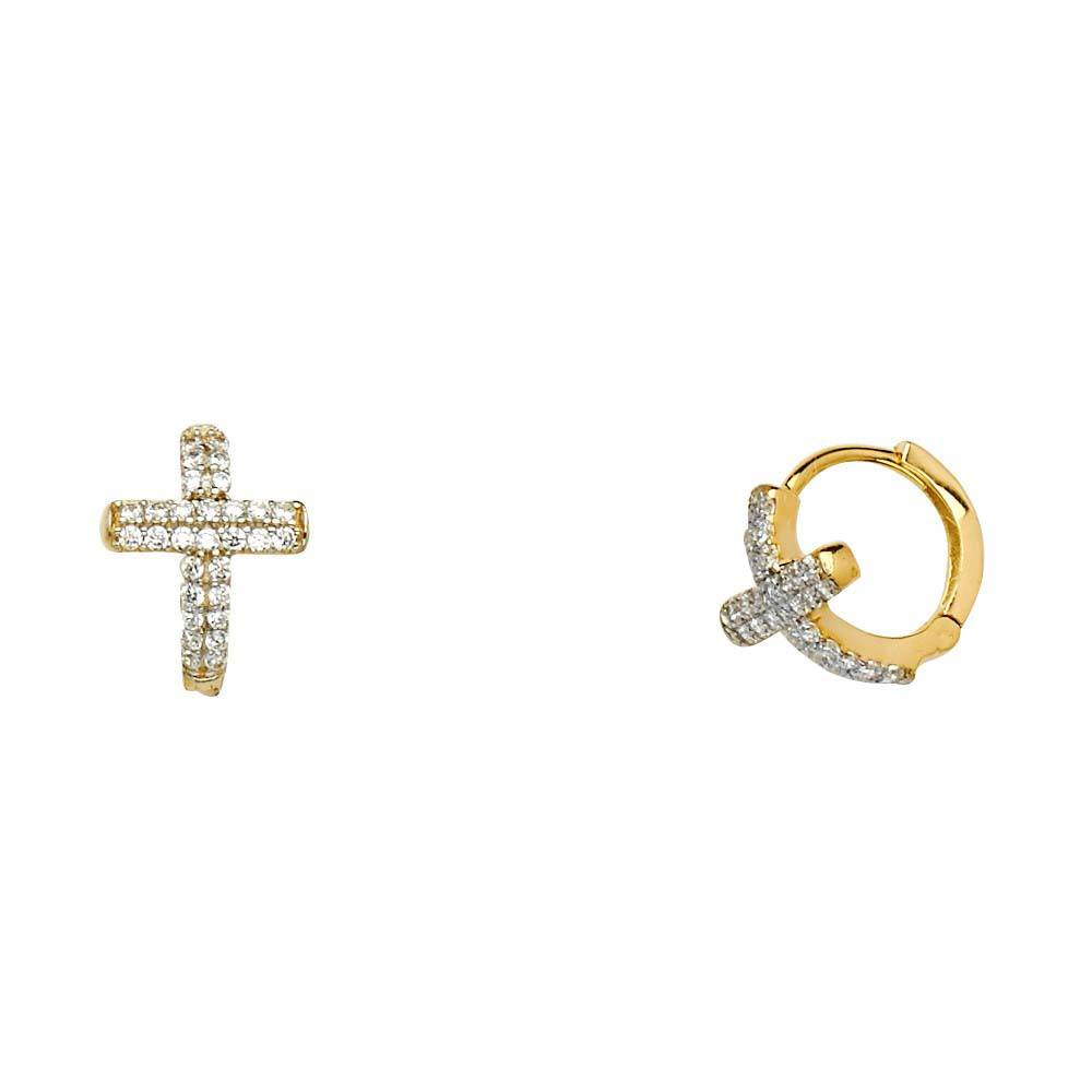 14K Two Tone Gold Fancy Cross Cubic Zirconia Huggie Hoop Earrings