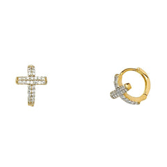14K Two Tone Gold Fancy Cross Cubic Zirconia Huggie Hoop Earrings