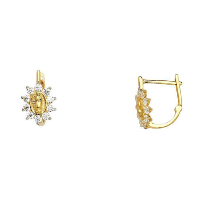 14K Yellow Gold Our Lady of Guadalupe CZ Huggie Hoop Earrings