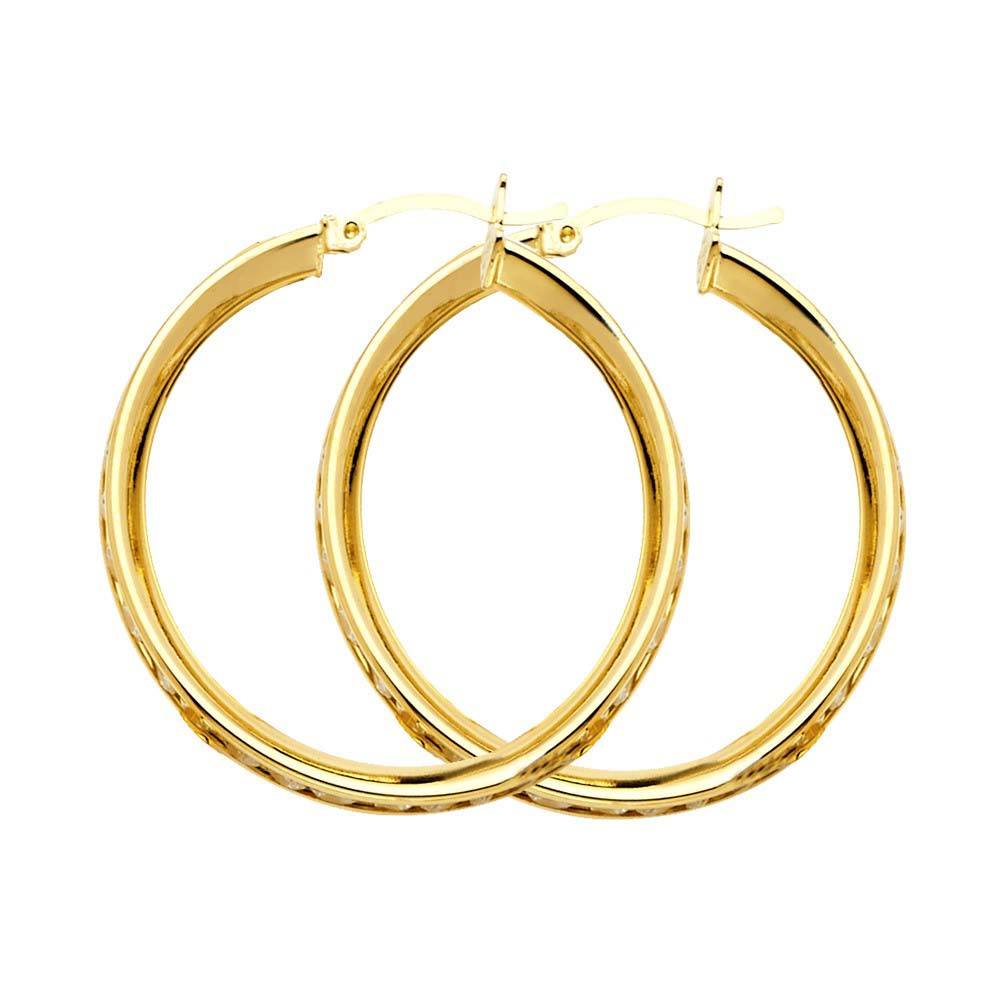 14K Yellow Gold 3mm Clear CZ Channel Hoop Earrings
