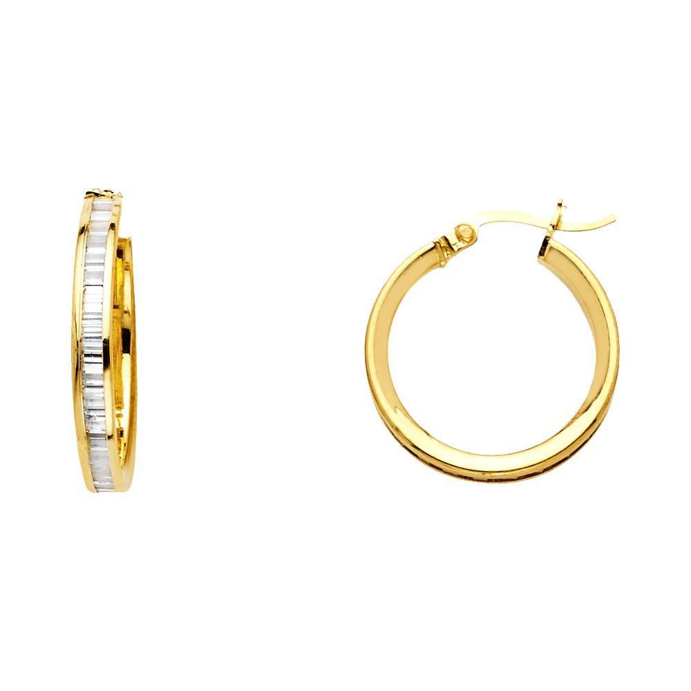 14K Yellow Gold BG 3mm Clear CZ Channel Hoop Earrings