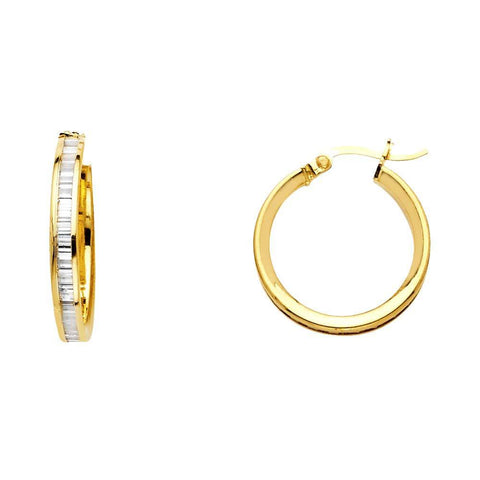 14K Yellow Gold BG 3mm Clear CZ Channel Hoop Earrings