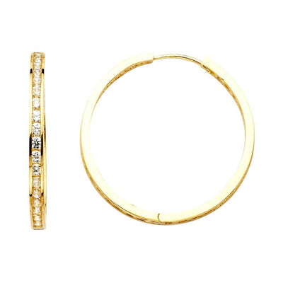 14K Yellow Gold RD 2mm Clear CZ Channel Hoop Earrings