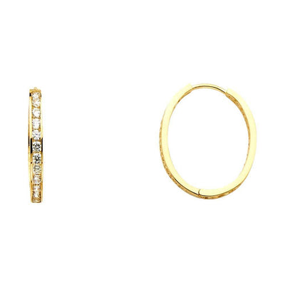 14K Yellow Gold 15mm Clear CZ Channel Hoop Earrings