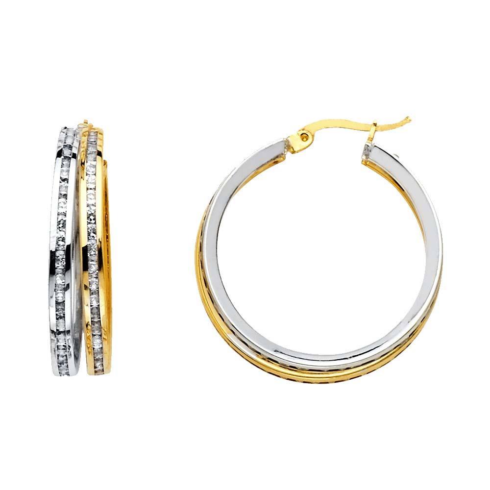 14K Two Tone Gold Small Double Stack Polished Finish CZ Channel 2 Line Latch And Hinge-Notch Post Backing Hoop Earrings
