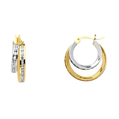 14K Two Tone 5mm RD Clear CZ Channel 2 Line Hoop Earrings