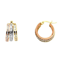 Load image into Gallery viewer, 14K Tri Color 6mm RD Clear CZ Channel 3 Line Hoop Earrings