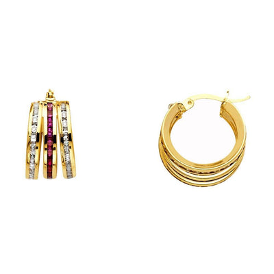 14K Yellow Gold RD 6mm Red And White CZ Channel 3 Line Hoop Earrings