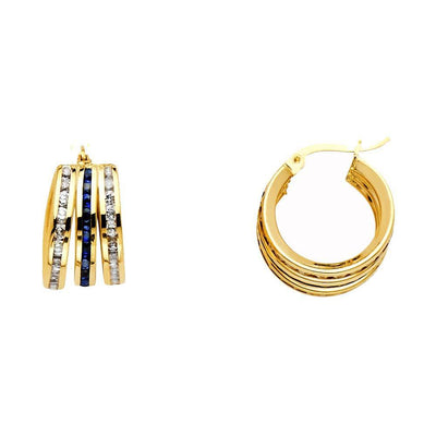 14K Yellow Gold RD 6mm Blue And White CZ Channel 3 Line Hoop Earrings