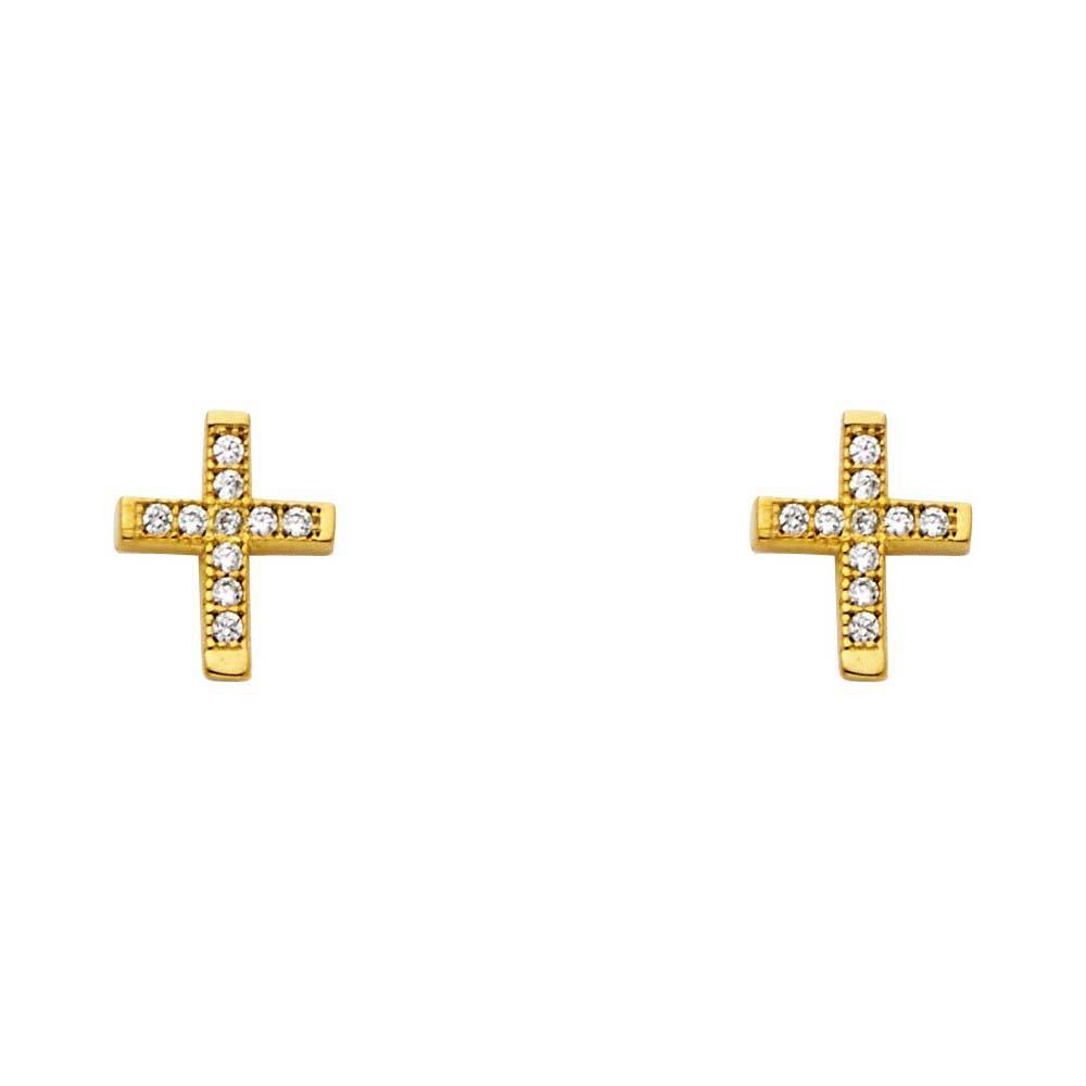 14K Yellow Gold 7mm CZ Cross Post Earrings
