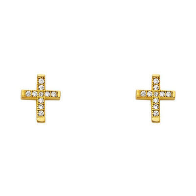 14K Yellow Gold 7mm CZ Cross Post Earrings