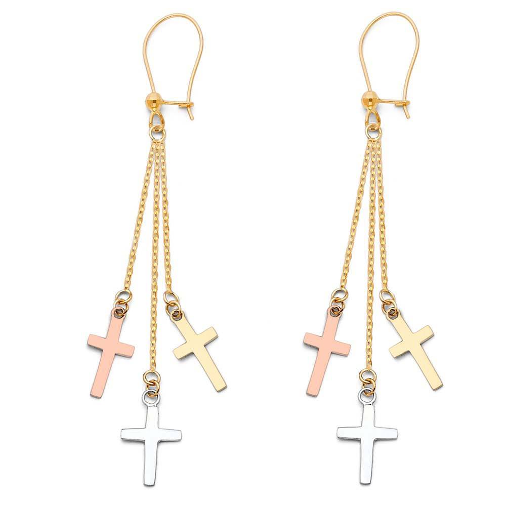 14K Tri Color 3 Cross Hanging Earrings