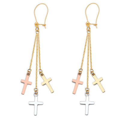 14K Tri Color 3 Cross Hanging Earrings