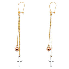 14K Tri Color Cross Hanging Earrings