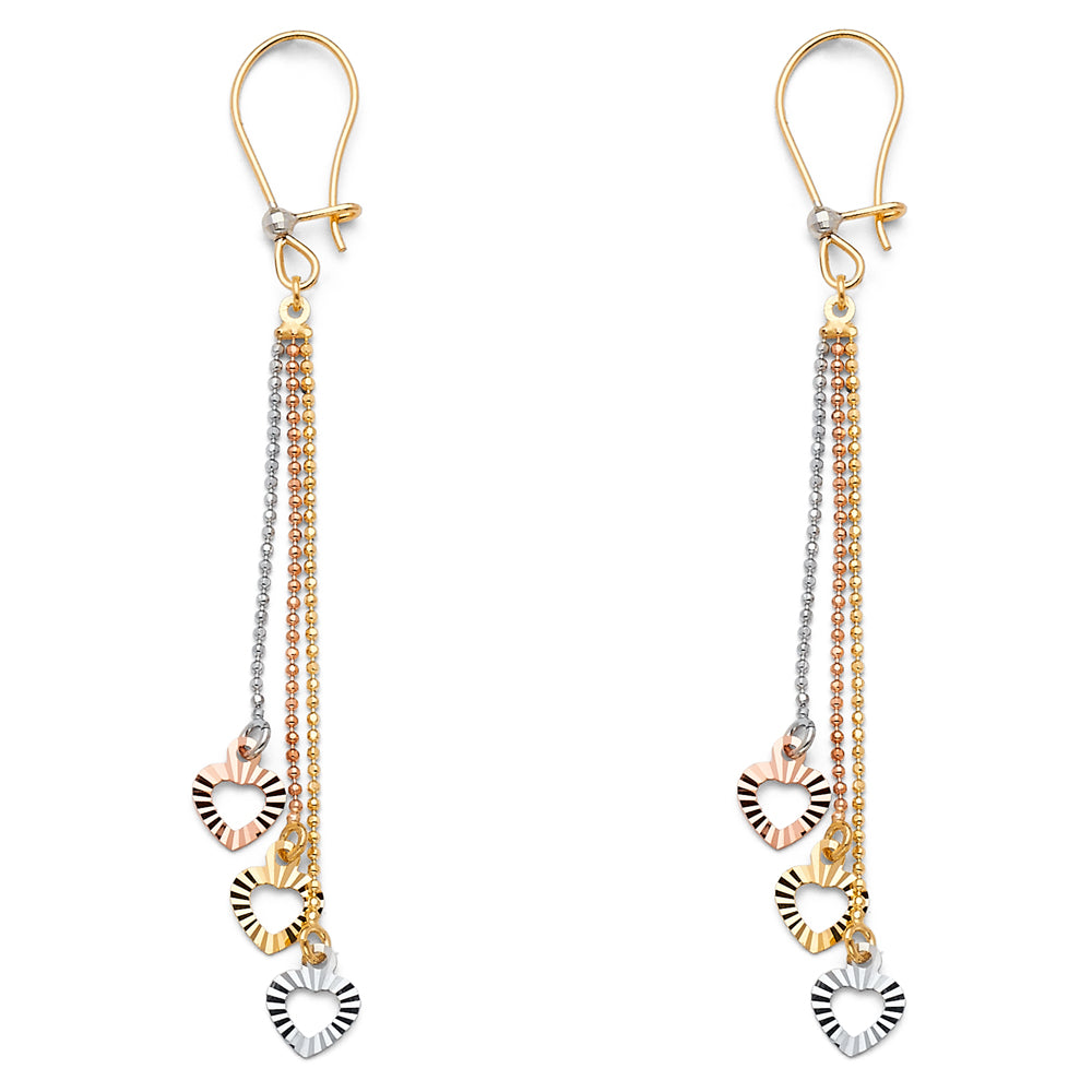 14K Tri Color 3 Heart Hanging Earrings
