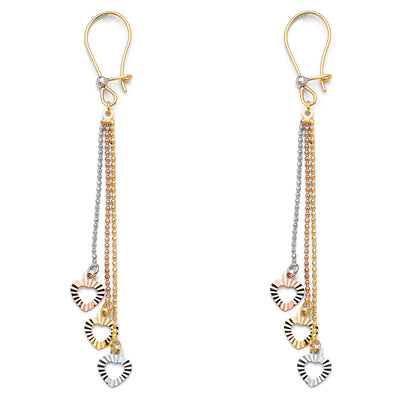 14K Tri Color 3 Heart Hanging Earrings