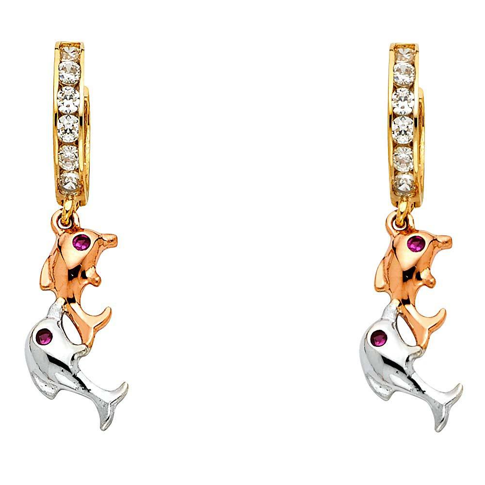 14K Tri Color Gold CZ Infinity Hanging Earrings