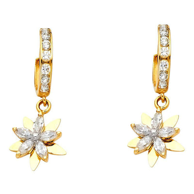 14K Yellow Gold CZ Hanging Huggies Earrings