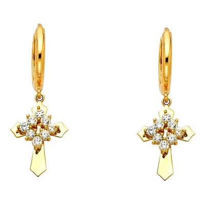 14K Yellow Gold CZ Hanging Huggies Earrings