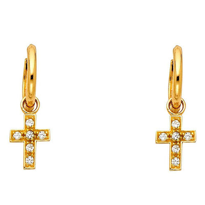 14K Yellow Gold CZ Hanging Huggies Earrings